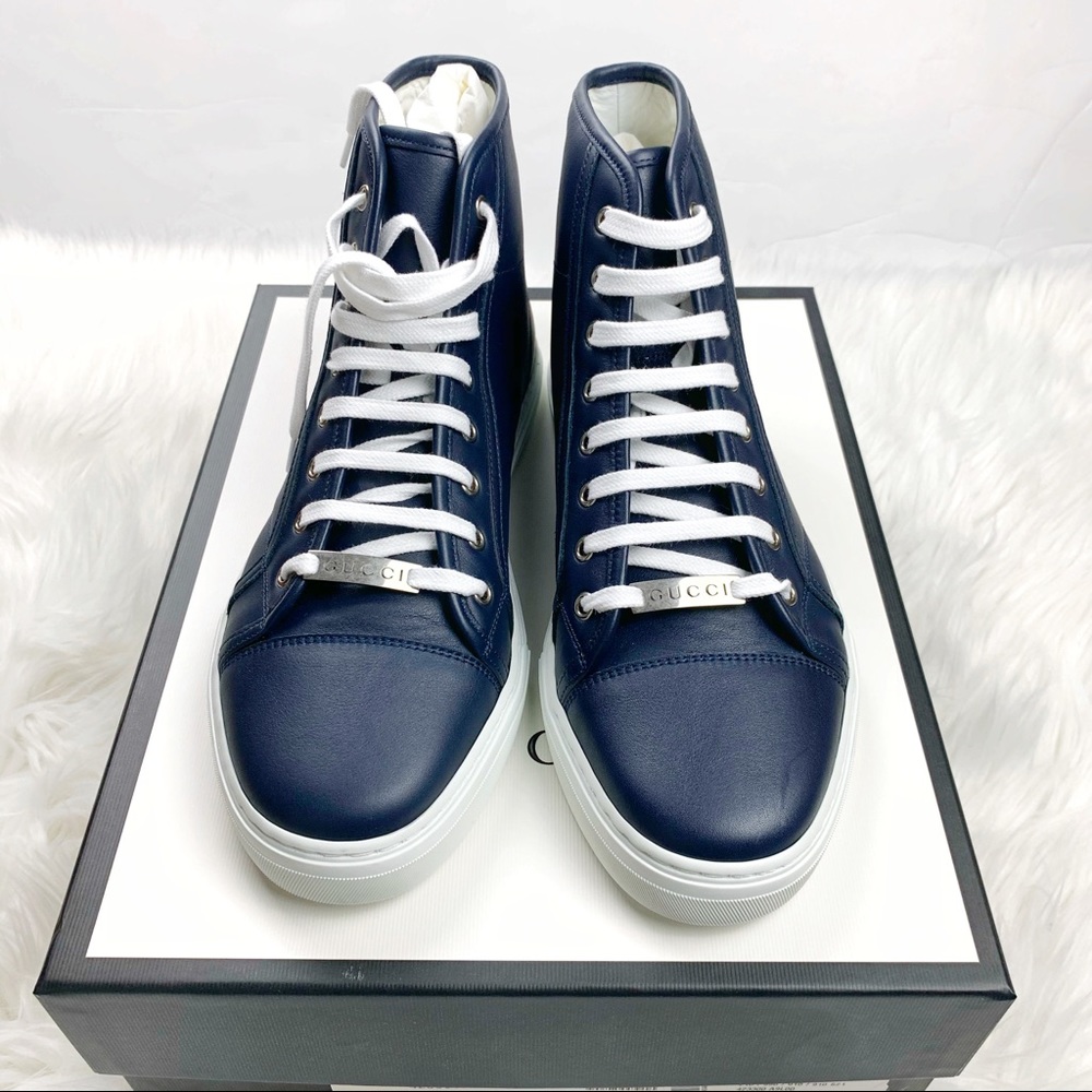 Gucci | Leather Hi Top Sneaker with Silver Plaque